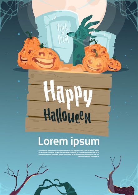 Modèle D'affiche De Fête D'halloween Heureux. Citrouilles Sur Cimetière Décor Traditionnel