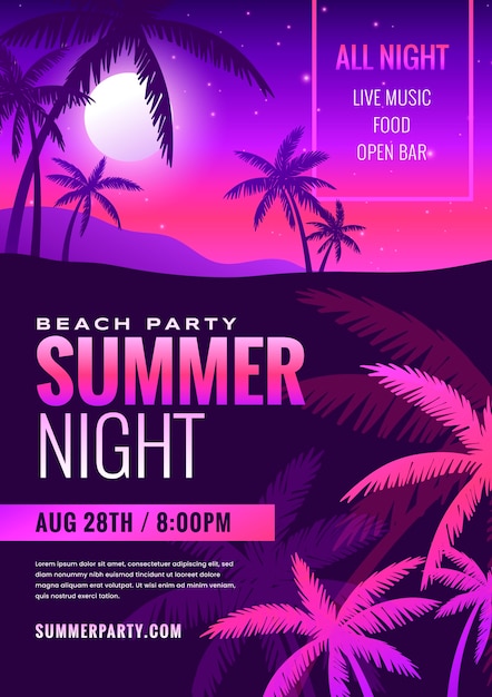 Modèle d'affiche de fête de nuit d'été dégradé avec végétation