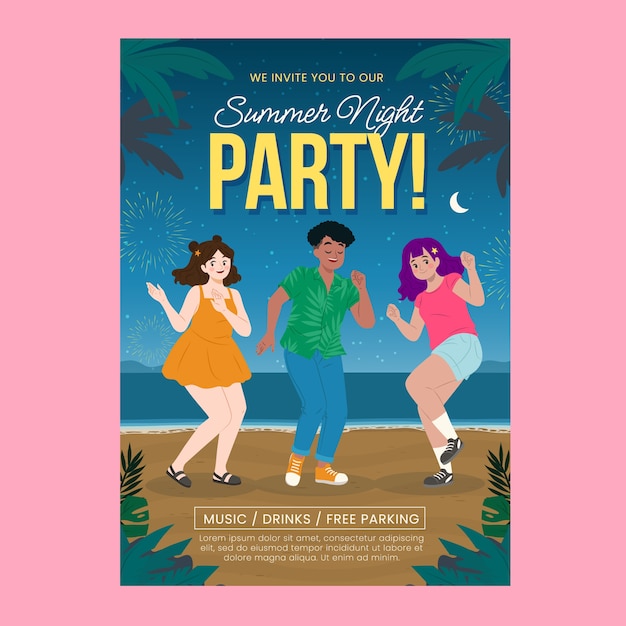 Modèle d'affiche de fête de nuit d'été plat avec des gens dansant sur la plage
