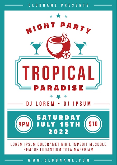 Modèle d'affiche de fête de nuit d'été vintage vecteur de conception de boisson de cocktail de noix de coco tropicale plat