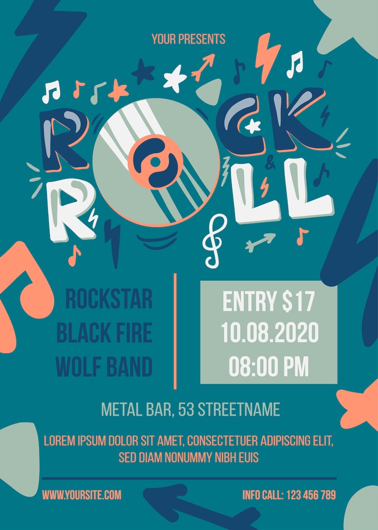 Modèle d'affiche de fête rock and roll. Bannière Web d'événement de divertissement. Brochure des concerts de musique