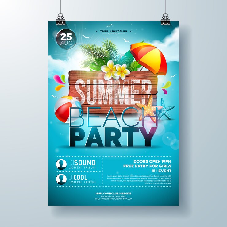 Vecteur modèle d&#39;affiche ou de flyer de summer beach party design avec des feuilles de fleurs et de palmiers