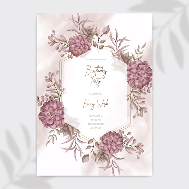 Modèle d'affiche d'invitation de fête d'anniversaire avec cadre floral succulent aquarelle