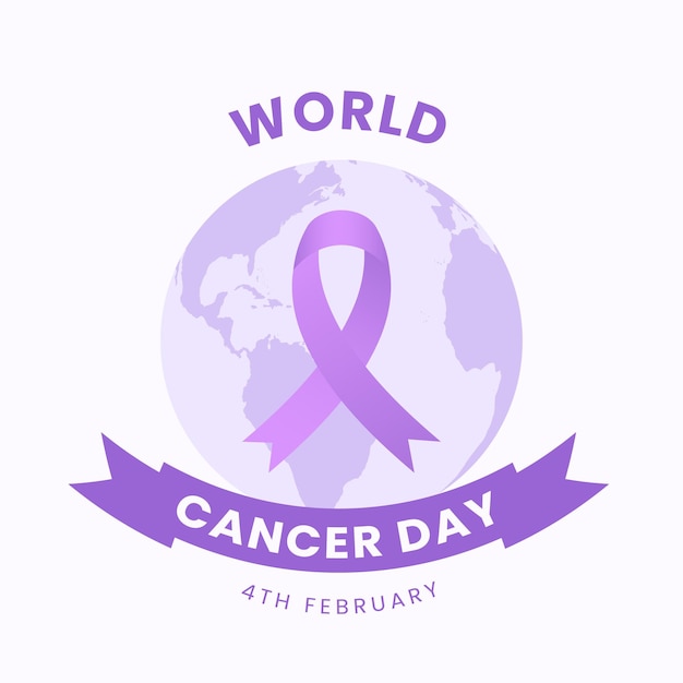 Modèle d'affiche de la journée mondiale du cancer avec ruban violet et illustration vectorielle de la planète terre