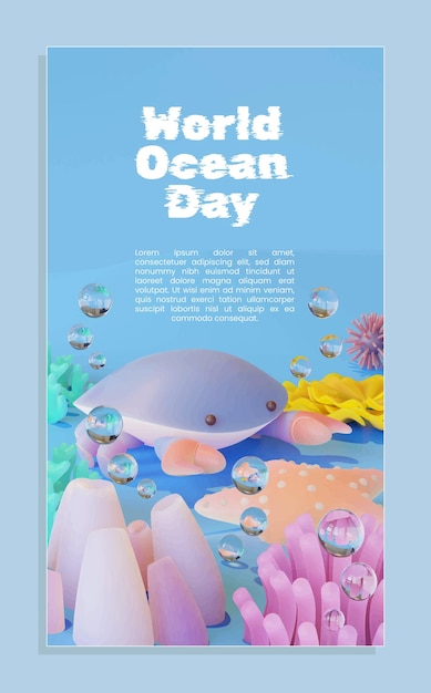 Modèle D'affiche De La Journée Mondiale De L'océan Avec Illustration 3d De Crabe