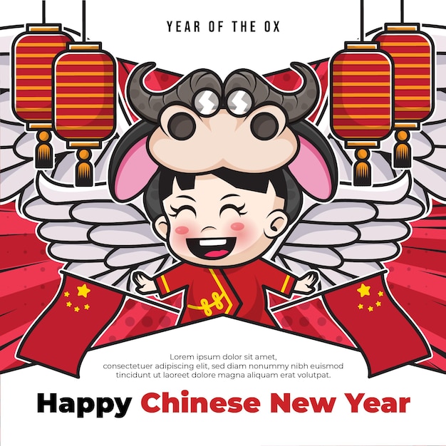 Modèle D'affiche De Médias Sociaux Joyeux Nouvel An Chinois Avec Personnage De Dessin Animé Mignon