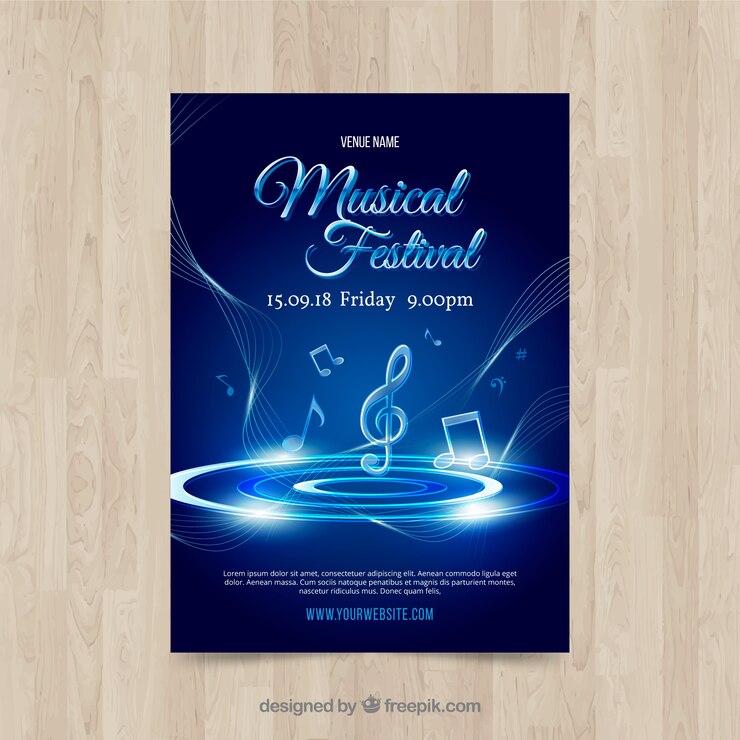 Vecteur modèle d&#39;affiche de musique bleue brillante