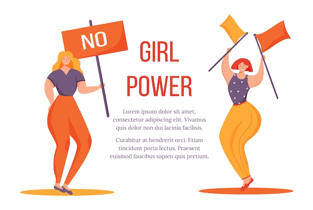 Vecteur modèle d'affiche plat girl power. femmes en surpoids avec affiche et drapeaux personnages de dessins animés isolés sur blanc. mouvement féminisme. bannière, page de brochure, mise en page de conception de dépliant avec place pour le texte