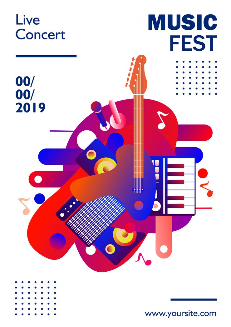 Vecteur modèle d'affiche pour le festival de musique, sur fond blanc, coloré. illustration