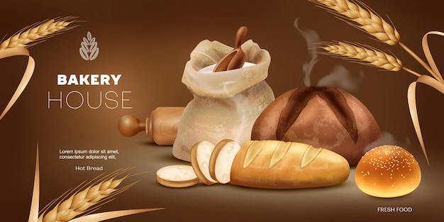 Modèle d'affiche publicitaire horizontale réaliste pour boulangerie avec pain frais et petits pains sur fond marron avec illustration vectorielle d'épis de blé