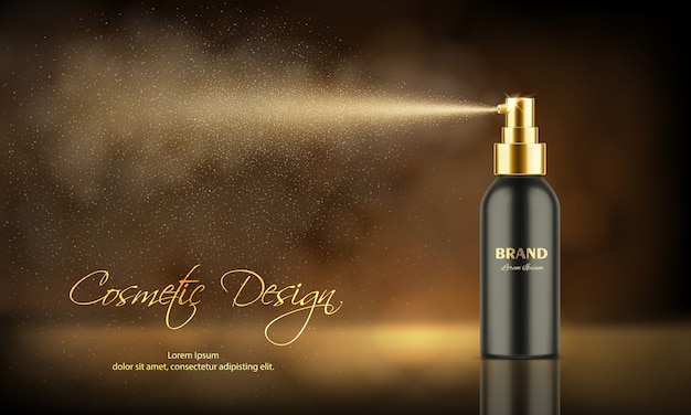 Modèle d'affiche publicitaire de produit cosmétique. Flacon vaporisateur de luxe, déodorant ou assainisseur avec brouillard d'atomiseur. Maquette de package. Illustration vectorielle 3d réaliste sur fond de bokeh sombre