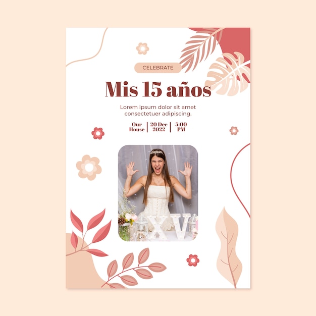 Vecteur modèle d'affiche de quinceañera floral design plat