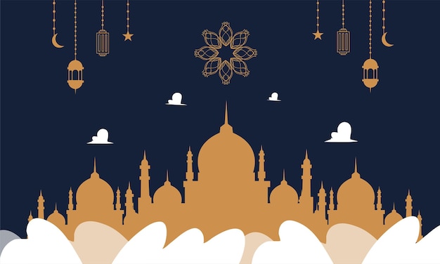 Modèle D'affiche Ramadan Kareem Eid-al Fitr Avec Lettre D'ornement Et Conception De Fond De Vecteur De Mosquée