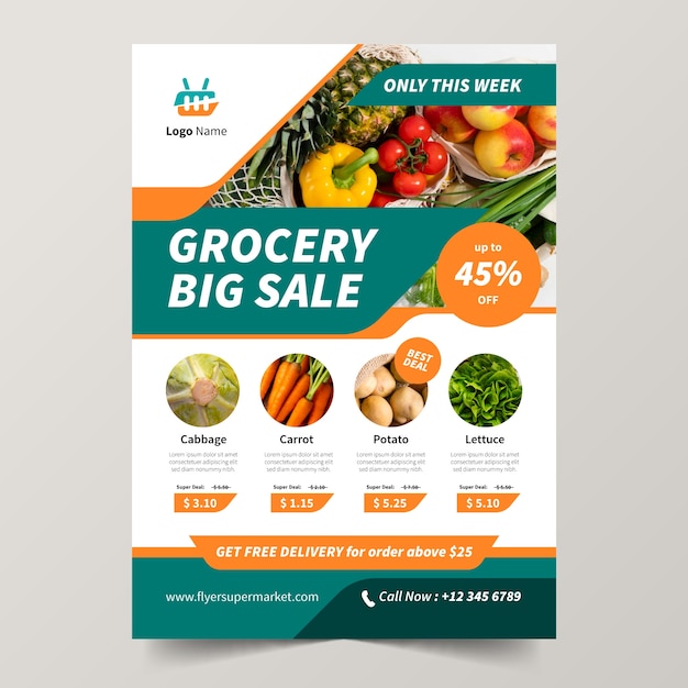 Modèle d'affiche de supermarché design plat