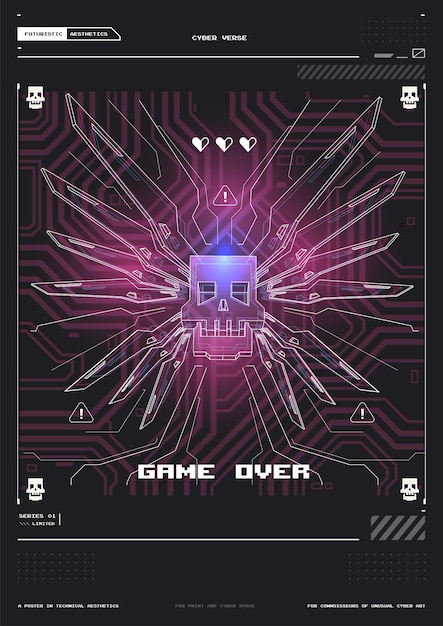 Modèle d'affiche technique abstraite avec des éléments HUD culture cybernétique Flyer moderne pour le piratage Web et imprimé Programmation d'affiches futuristes Cyberpunk et environnements virtuels