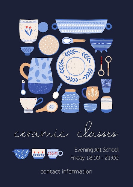 Vecteur modèle d'affiche de vecteur de cours de céramique. disposition de bannière d'atelier de porcelaine. vaisselle moderne dessinée à la main sur fond bleu foncé. publicité de l'école d'art du soir avec place pour le texte.