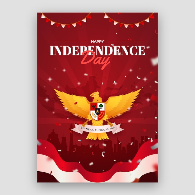 Modèle D'affiche Verticale Dégradé De La Fête De L'indépendance De L'indonésie Avec Des Confettis Et Des Armoiries