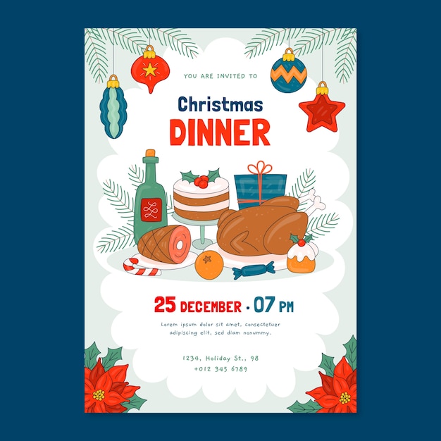 Modèle d'affiche verticale dessiné à la main pour la célébration de la saison de Noël avec de la nourriture pour le dîner