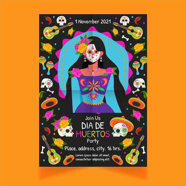 Vecteur modèle d'affiche verticale dia de muertos dessiné à la main