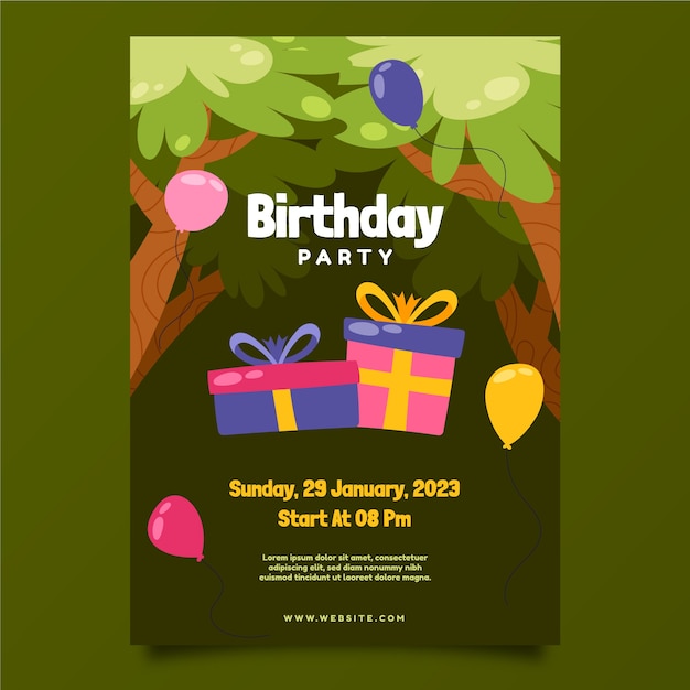 Modèle d'affiche verticale de fête d'anniversaire de jungle de dessin animé dessiné à la main