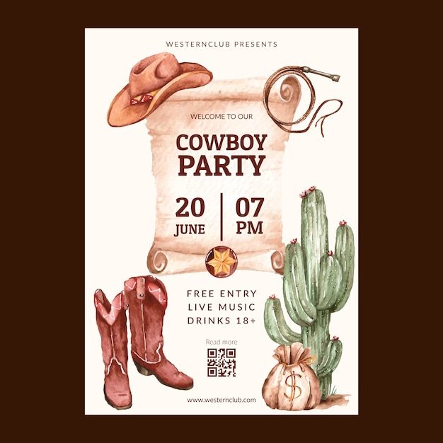 Vecteur modèle d'affiche verticale de fête de cow-boy aquarelle