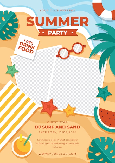 Modèle d'affiche verticale de fête d'été plat avec photo