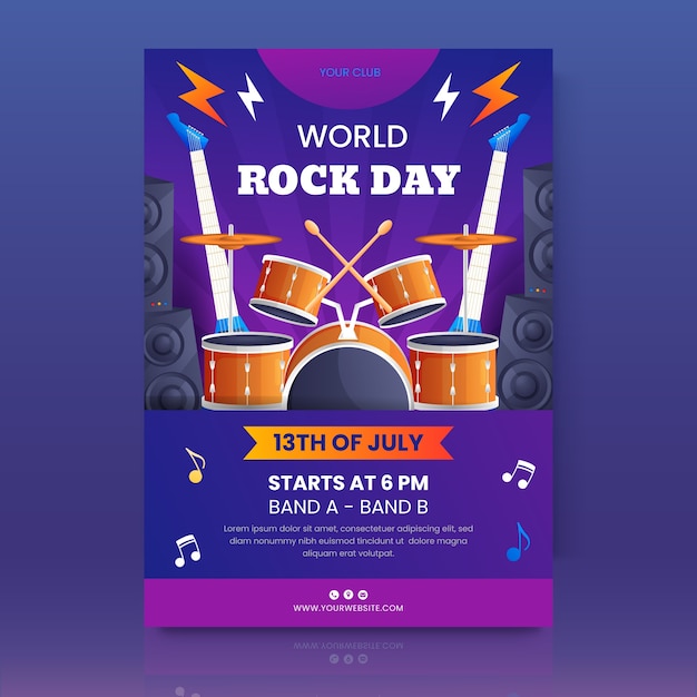 Modèle D'affiche Verticale De La Journée Mondiale Du Rock Dégradé Avec Batterie