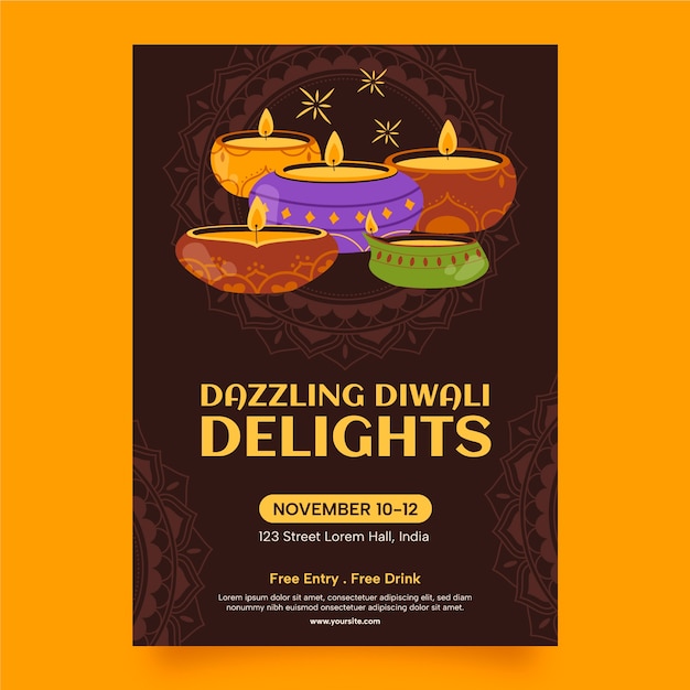 Vecteur modèle d'affiche verticale plate pour la célébration du festival de diwali