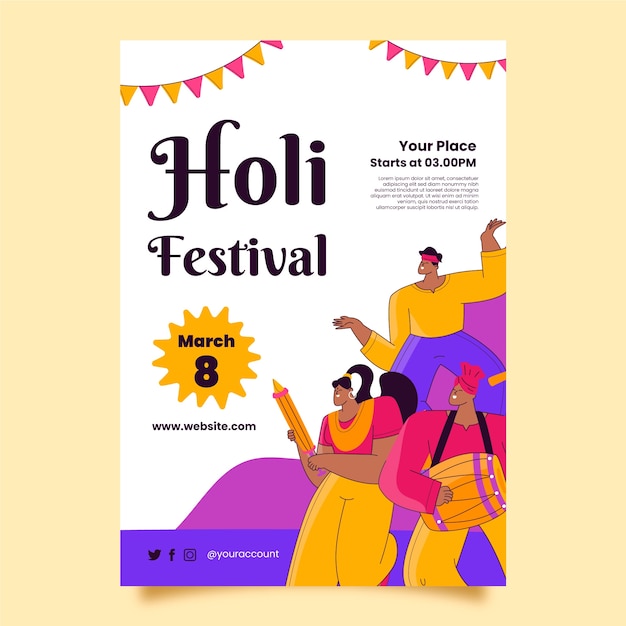 Vecteur modèle d'affiche verticale pour la célébration du festival holi