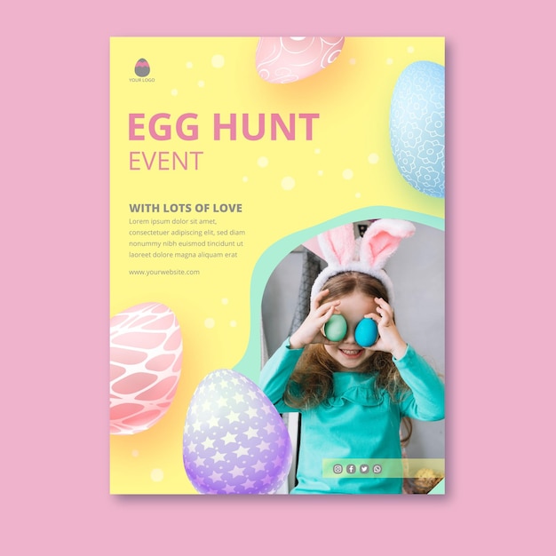 Modèle d'affiche verticale pour Pâques avec des oeufs et petite fille