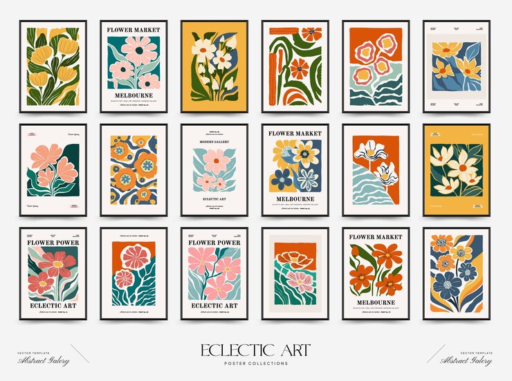 Vecteur modèle d'affiches florales abstraites style matisse moderne à la mode minimal couleurs roses et bleues dessinées à la main