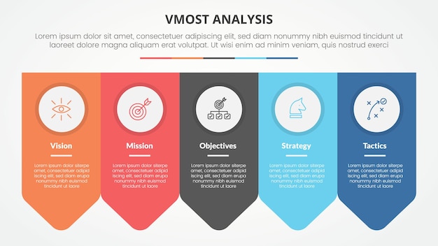 Vecteur modèle d'analyse vmost concept d'infographie pour la présentation de diapositives avec insigne de flèche symétrique horizontale avec liste de 5 points avec vecteur de style plat