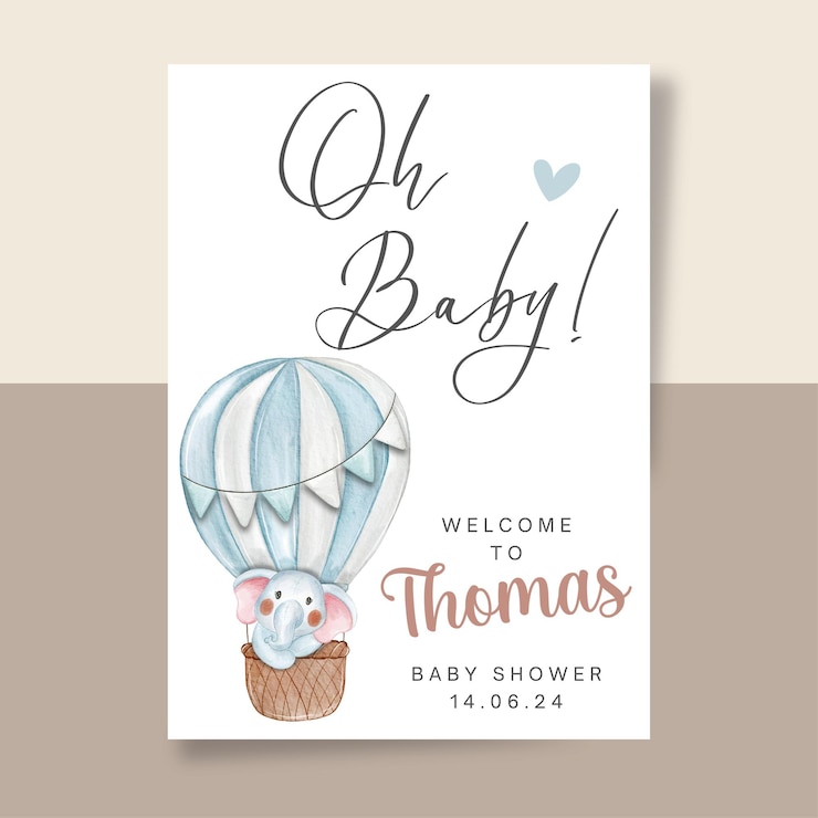 Vecteur modèle d'annonce de grossesse invitation à la baby shower avec un ballon bleu aquarelle et un éléphant