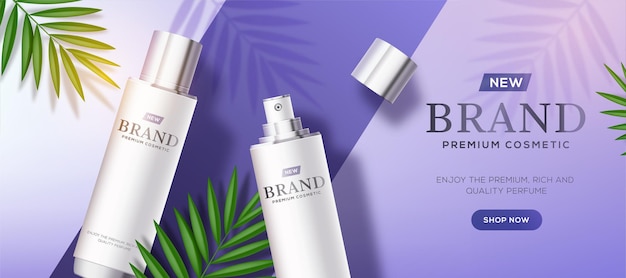 Vecteur modèle d'annonces cosmétiques avec des bouteilles blanches sur fond violet