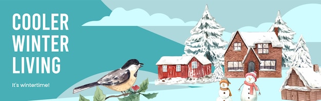 Modèle d'annonces facebook avec la vie de village sauvage dans le concept d'hiver style aquarelle