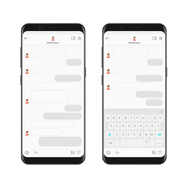 Modèle d'application de messagerie de chat smartphone réaliste avec bulles de chat et clavier. Compositeur de dialogues de maquette
