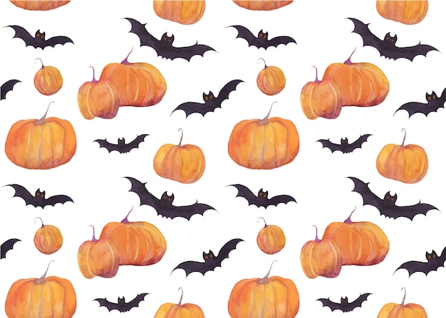 Modèle D'aquarelle Halloween Avec Des Citrouilles Et Des Chauves-souris