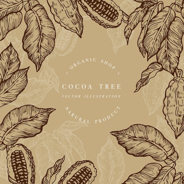 Vecteur modèle d'arbre de fève de cacao. illustration de style gravé. fèves de cacao au chocolat. illustration
