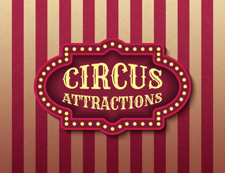 Vecteur modèle d'attraction de cirque de bannière de stock. enseigne au néon de cinéma rétro brillamment lumineux. modèle de bannière de spectacle de soirée de style cirque. image d'affiche de fond