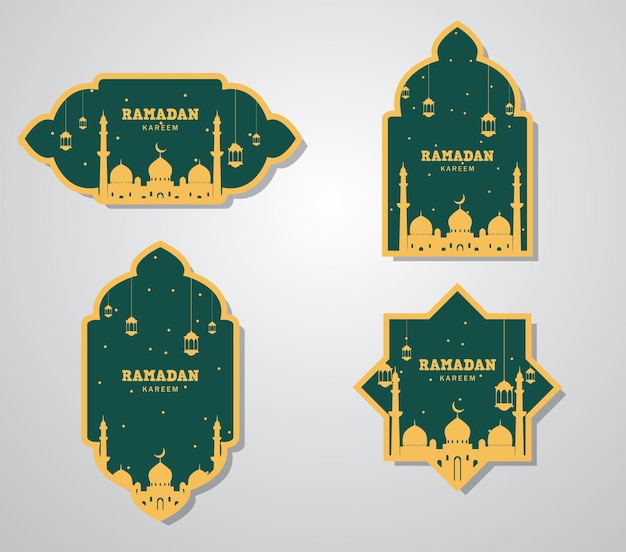 Modèle d'autocollant de bannière ramadan kareem ied mubarak avec style plat mosquée jaune et verte