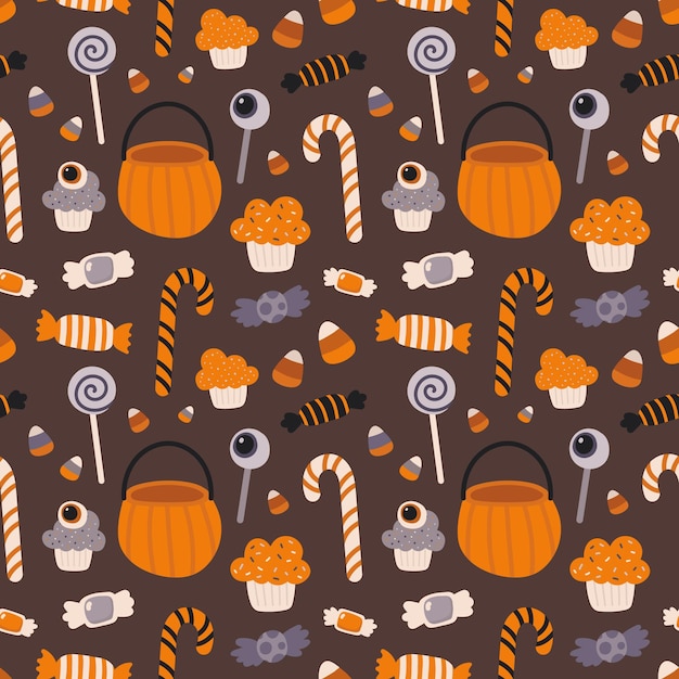 Modèle d'automne sans couture avec panier de citrouille, cupcakes et bonbons sur fond marron