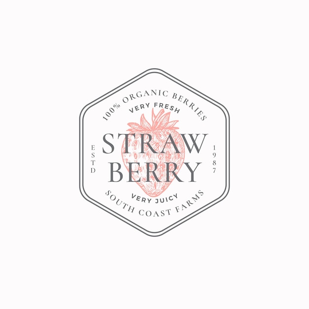 Modèle De Badge Ou De Logo Strawberry Farm Croquis De Baies Dessinées à La Main Avec Typographie Rétro Et Bordures Emblème Premium Vintage