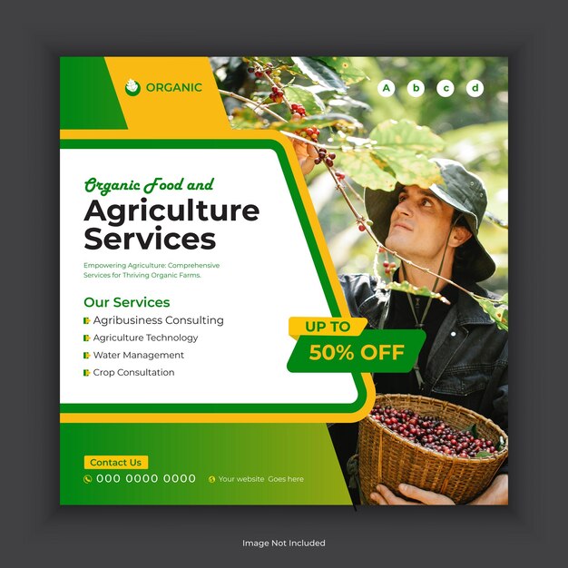 Vecteur modèle de bannière d'affichage sur les médias sociaux pour les services alimentaires et agricoles biologiques