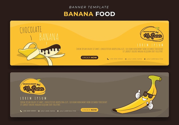 Vecteur modèle de bannière en aménagement paysager avec dessin de banane de dessin animé pour la conception publicitaire de banane