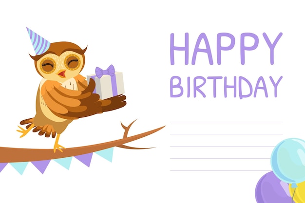 modèle de bannière d'anniversaire heureux personnage d'oiseau chouette dans un chapeau de fête assis sur une branche d'arbre tenant une boîte à cadeaux illustration vectorielle de dessin animé