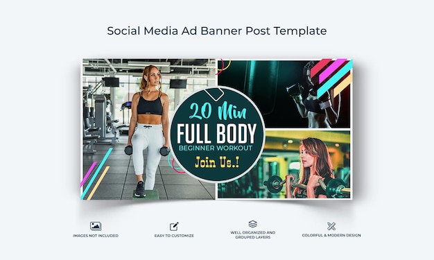 Vecteur modèle de bannière d'annonce de fitness sur facebook