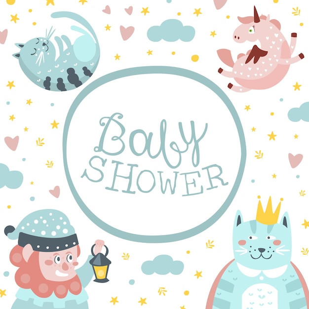 Modèle De Bannière De Baby Shower Avec Des Personnages De Contes De Fées Mignons Illustration Vectorielle