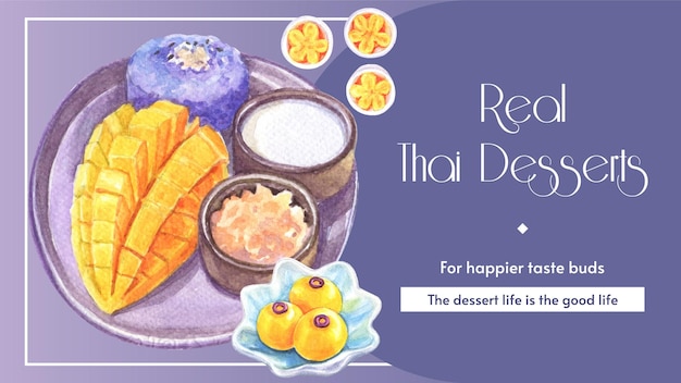 Modèle De Bannière De Blog Avec Concept De Dessert Thaïlandaisstyle Aquarelle