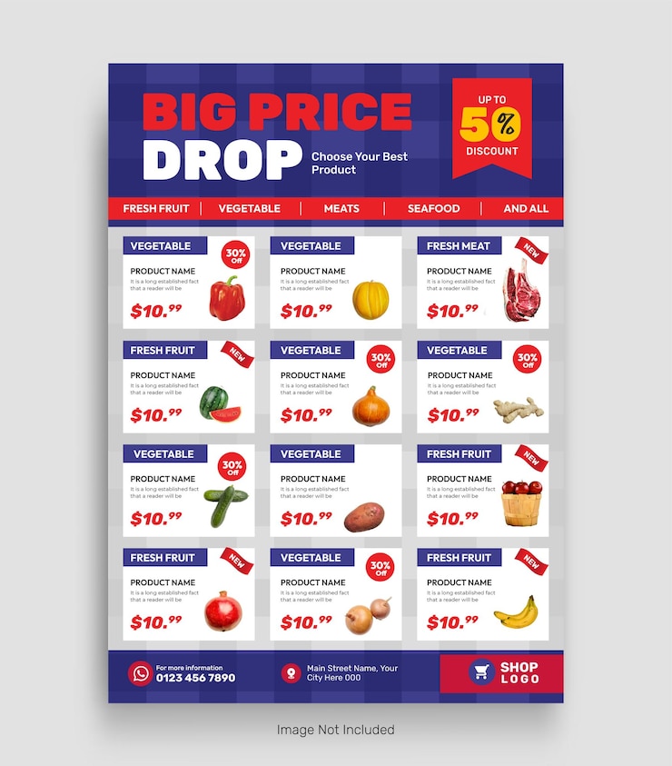 Vecteur modèle de bannière de catalogue de vente de produits de supermarché et de brochure de vente d'épicerie