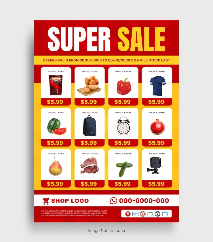 Vecteur modèle de bannière de catalogue de vente de produits de supermarché et de brochure de vente d'épicerie